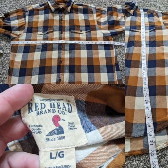 ✨3/$15 Red Head orange blue cream plaid flannel 100% cotton button up L - Picture 6 of 8